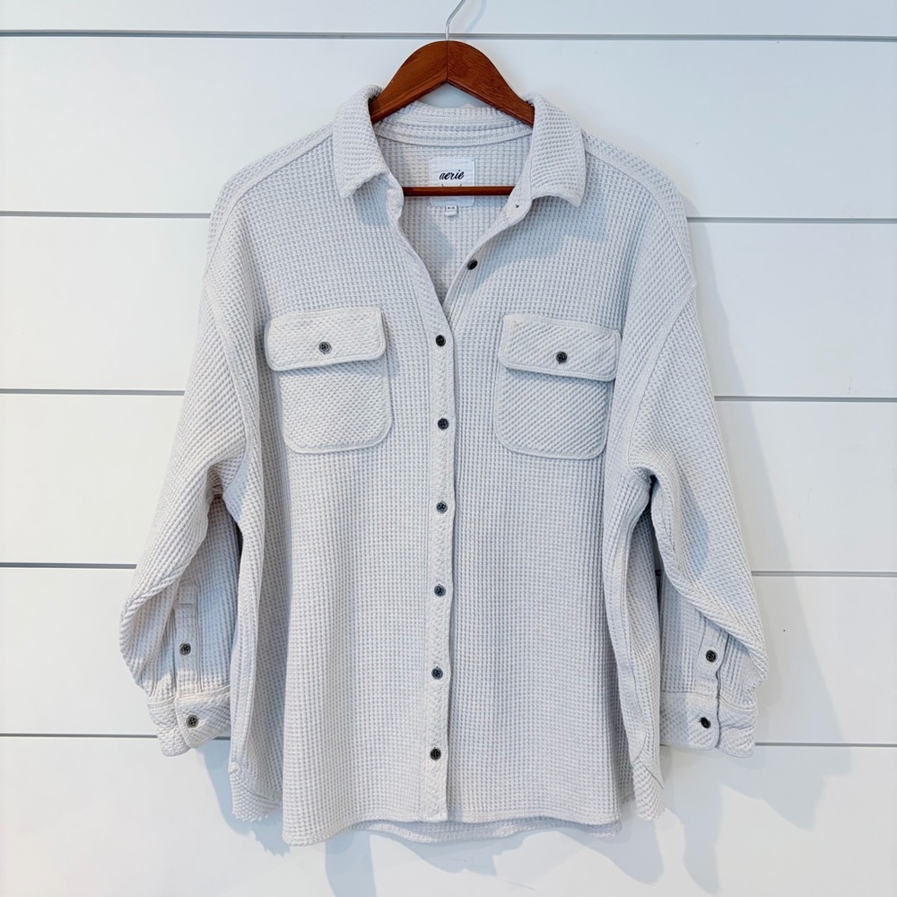 Aerie Waffle Knit Shacket Cream Overshirt Minimalist Cozy Core M Gorpcore